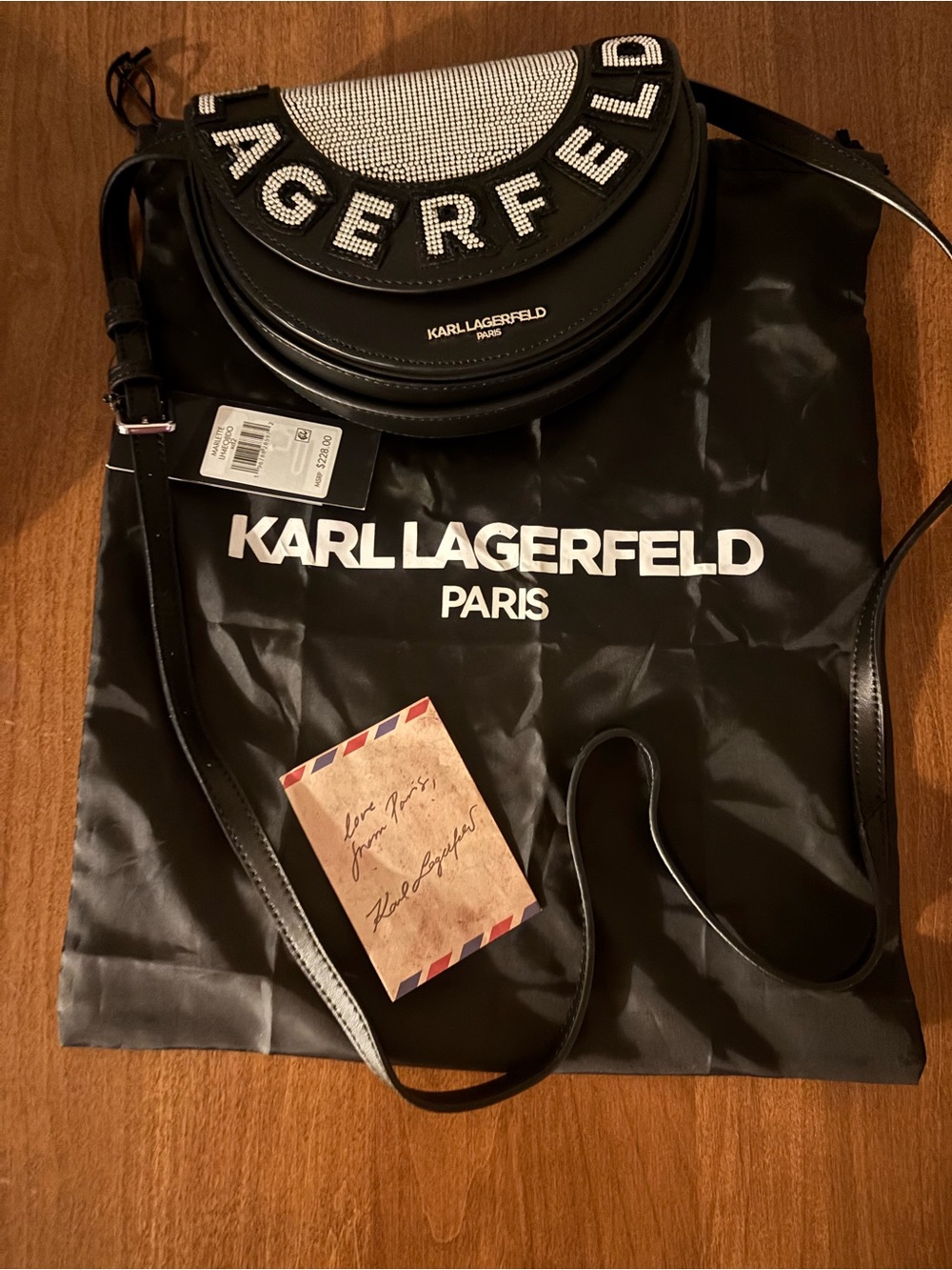 KARL LAGERFELD Black Crossbody Bag with Crystal Logo Flap